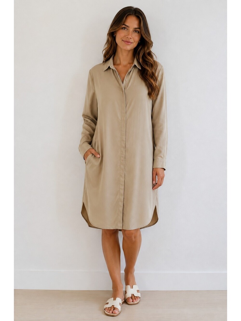 Neu Nomads Essential Beige Tencel Modal Long Shirt Dress Pockets